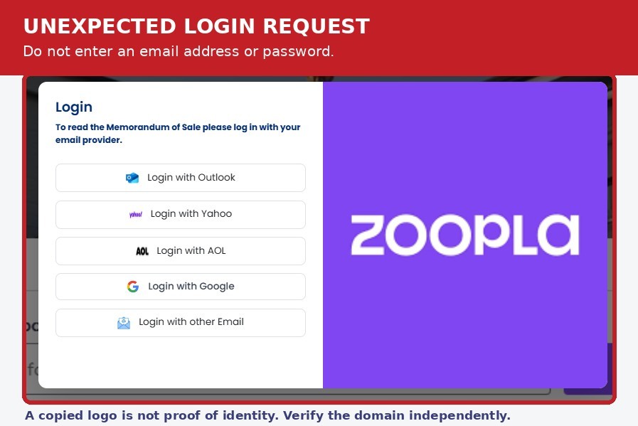Screenshot of the fake email-provider login prompt, labelled as an unexpected login request