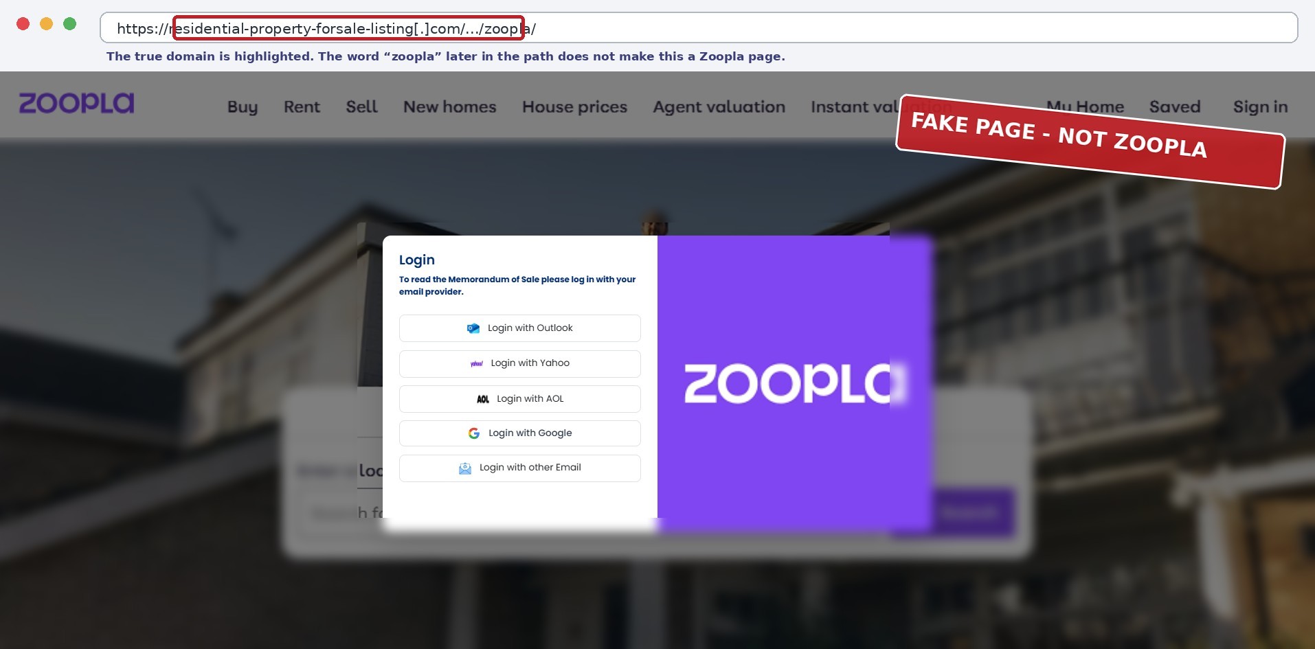 Screenshot of a fake property listing with the true third-party domain highlighted and the page marked as not Zoopla